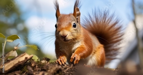 A Captivating Portrait of a Red Squirrel Engaged in Feeding Outdoors. Generative AI