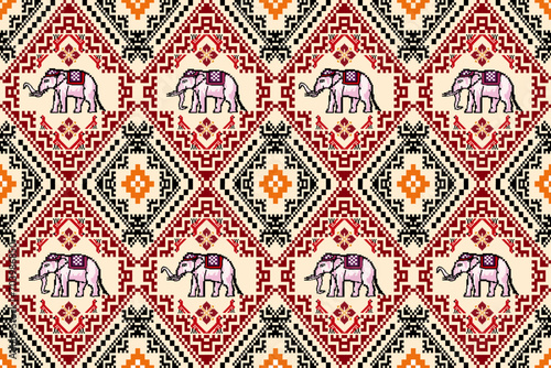 Traditional Thai Elephant Pixel Art Colorful Seamless Pattern.  Vector design for fabric, carpet, tile, embroidery, clothing, wallpaper, and background