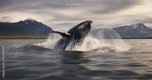 The Breathtaking Sight of a Humpback Whale Leaping in the Waters. Generative AI © Watasiwa
