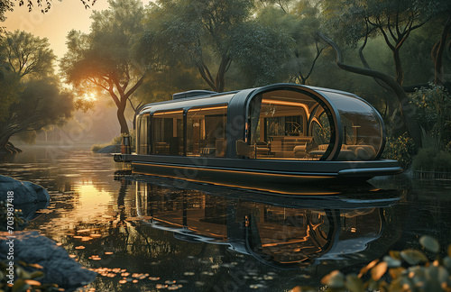 Futuristic Houseboat on a Peaceful River