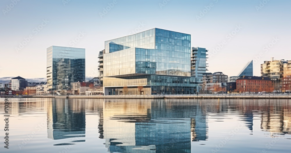 Fototapeta premium Modern buildings with their reflection into the water. These are some of the new buildings. Concepts of travel and architecture. Generative AI