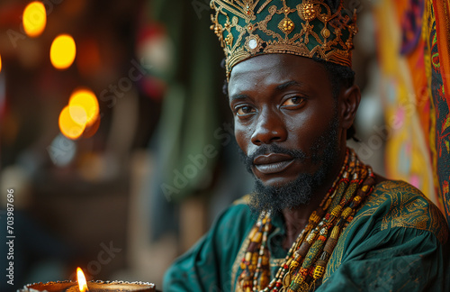 African man in traditional green and gold clothing