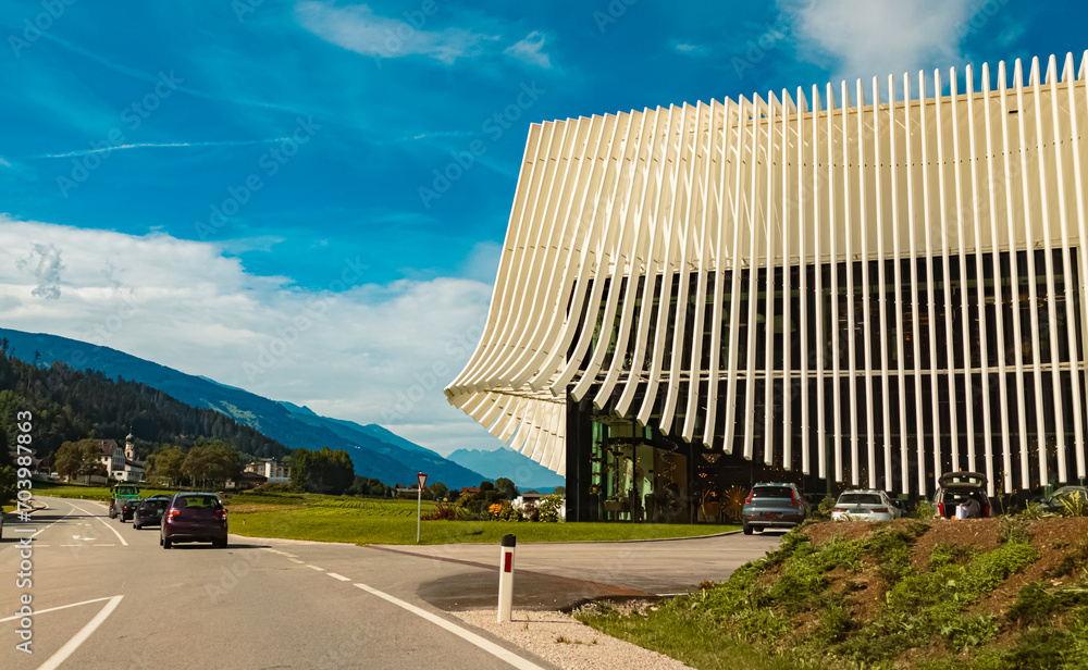 Alpine summer view with a futuristic building at Pill, Schwaz, Tyrol, Austria