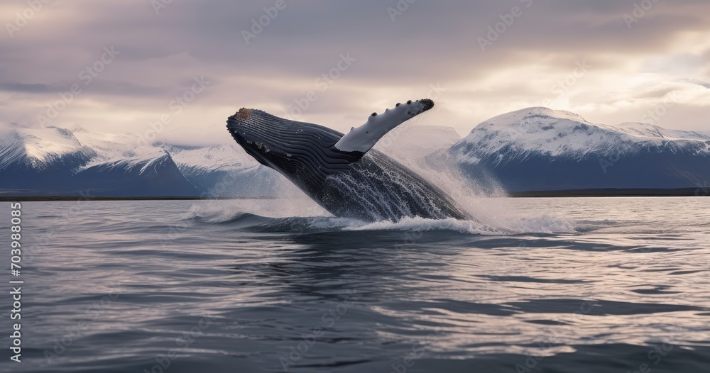Fototapeta premium A Majestic Humpback Whale Leaping in the Waters of Eyjafjordur Fjord, Iceland. Generative AI
