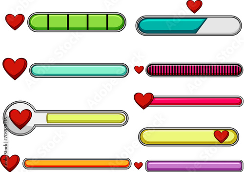 health bar set cartoon. level ui, interface loading, hemeter 8bit health bar sign. isolated symbol vector illustration