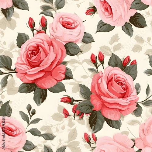 The seamless picture of the branches of vintage pink roses on cream color backgrounds, illustrations