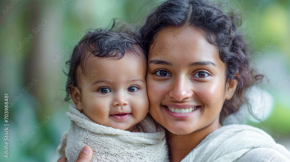 Obraz premium Intercultural a Young Radiant 25 Year old Mother Sharing a Tender Moment with her Baby and both Smiling Warmly Wallpaper Background Brainstorming Family Map Digital Art Magazine Poster