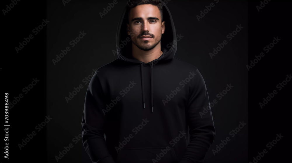 Portrait of handsome man wearing blank mockup black hoodie or sweatshirt on black background with space for your logo or design