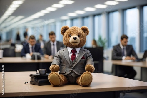 businessman concept, teddy bear in suit on office background, team work