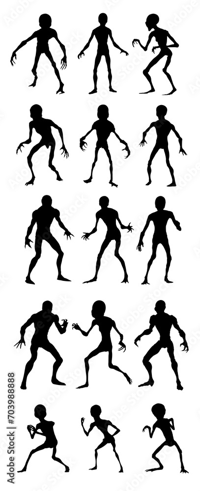 silhouette set of aliens in various poses and stances - transparent PNG background - full view - action pose silhouette set of aliens in various poses and stances - transparent PNG background - full view - action pose