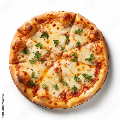 Top view of pizza isolated on white background. Photo for restaurant menu  advertising  delivery  banner