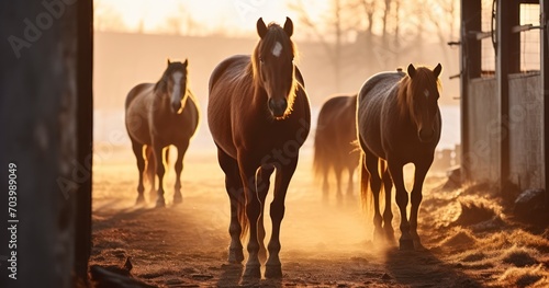 A Group of Horses Emerging from Their Stable on a Crisp Winter Morning. Generative AI
