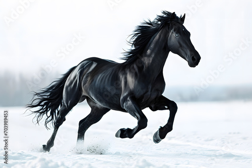 A fast black horse is running on a plain white background. Its hair is blowing in the wind  and it looks strong and graceful
