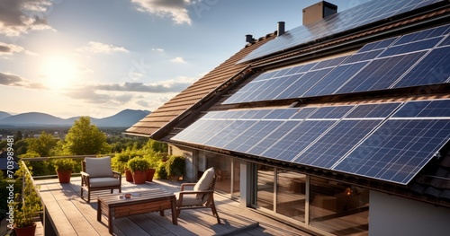 Sunlit Sustainability - Photovoltaic system on a roof of a sustainable family home. Generative AI
