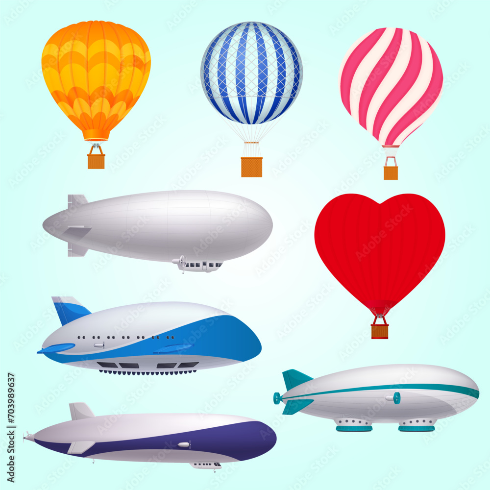 dirigible balloons transportation realistic set isolated
