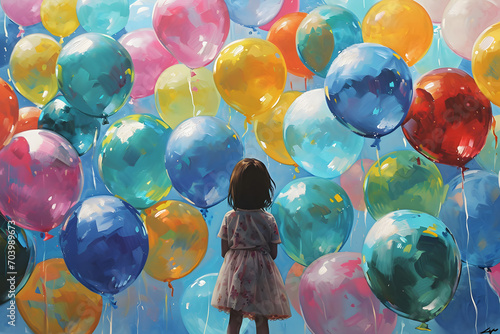 A Burst of Colorful Joy as a Little Girl Stands Surrounded by a Huge Crowd of Balloons