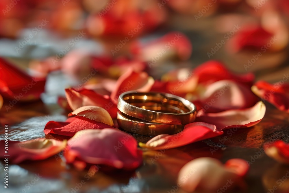 a couple of gold wedding rings sitting on top of a rose petal on a table with petals on the ground and petals on the ground in the foreground. a couple of gold wedding rings sitting on top of a rose petal on a table with petals on the ground and petals on the ground in the foreground.