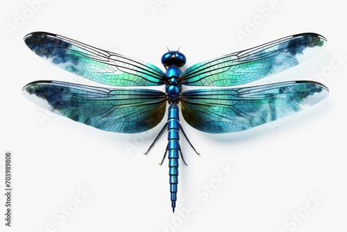  a blue and green dragonfly sitting on top of a white surface next to a green and black insect on it's back legs, with its wings spread out. © Shanti