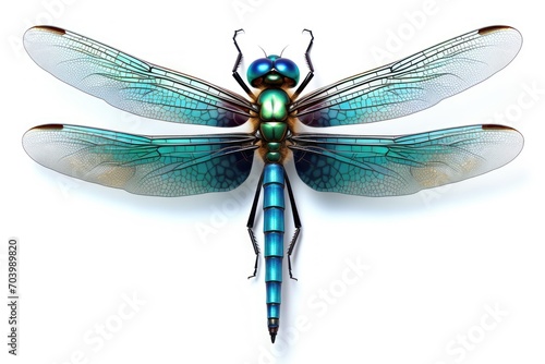  a blue and green dragonfly sitting on top of a white surface with its wings folded up and wings folded back to the side of it's head,.