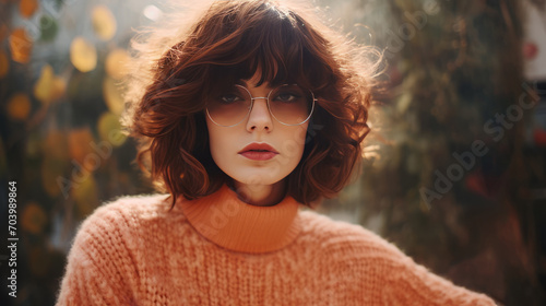 A woman in a sweater, peach fuzz and coral shades