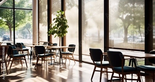 A Chic Restaurant Cafe Featuring Large Glass Windows with Blinds and Stylish Seating Arrangements. Generative AI