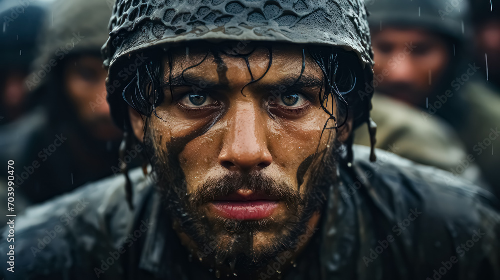 Obraz premium Portrait of a special forces soldier on the battlefield WWII. Selective focus. Scene from second world of war. War Concept. Military special forces soldiers fighting in the rain.