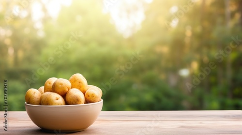  a bowl of apples sitting on top of a wooden table in front of a blurry background of trees and a grassy area in the foreground of a forest.