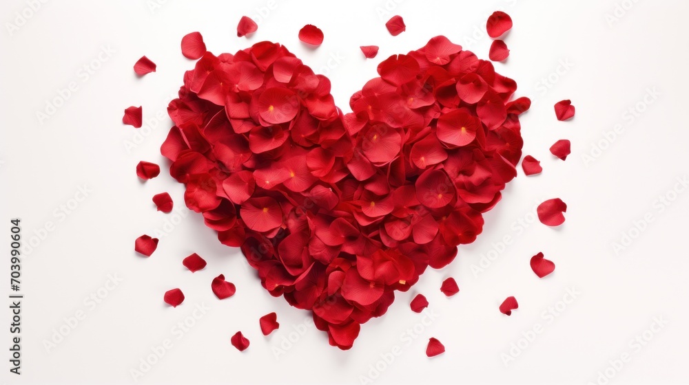  a heart - shaped arrangement of red petals on a white background with petals scattered all over the top of the heart and the petals on the bottom of the petals.