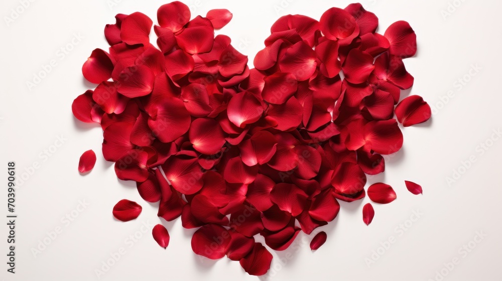 a heart shaped arrangement of red petals on a white background for a valentine's day card or brochure or gift wrapper, with space for text. a heart shaped arrangement of red petals on a white background for a valentine's day card or brochure or gift wrapper, with space for text.