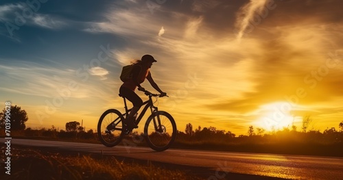 The Elegant Outline of a Woman Cycling Against the Sunset. Generative AI