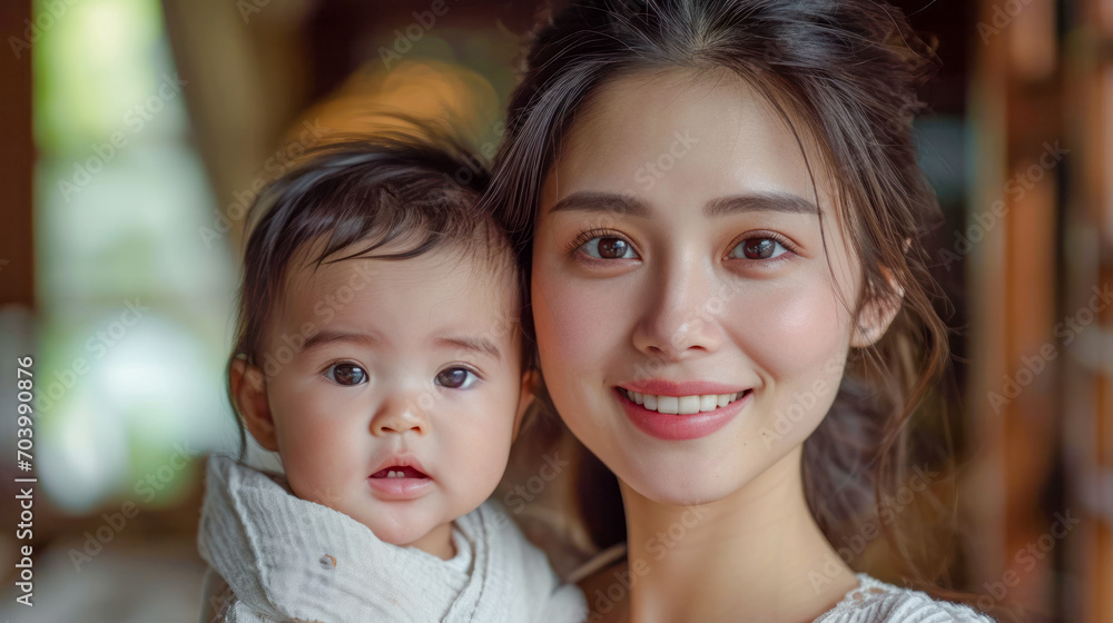 Fototapeta premium Intercultural a Young Radiant 25 Year old Mother Sharing a Tender Moment with her Baby and both Smiling Warmly Wallpaper Background Brainstorming Family Map Digital Art Magazine Poster