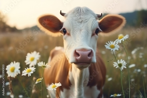  a brown and white cow is standing in a field of daisies and daisies in the foreground, with the sun shining on the cow's face.