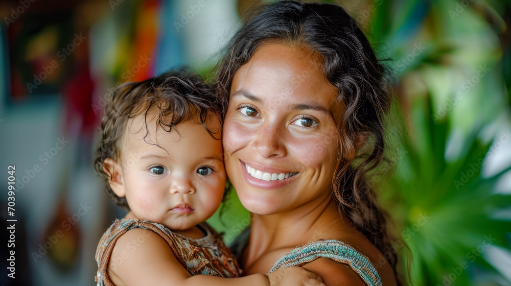 Fototapeta premium Intercultural a Young Radiant 25 Year old Mother Sharing a Tender Moment with her Baby and both Smiling Warmly Wallpaper Background Brainstorming Family Map Digital Art Magazine Poster
