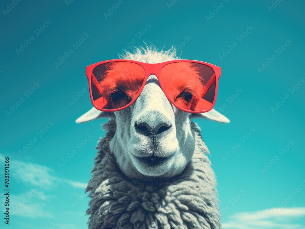 Stylish sheep posing in sunglasses. Close portrait of lamb in fashion style. Illustration for cover, card, postcard, interior design, banner, poster, brochure or presentation.