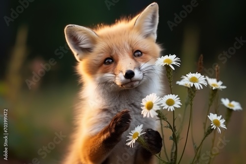  a little fox standing on its hind legs with daisies in the foreground and a blurry background of a field of grass and flowers in the foreground.