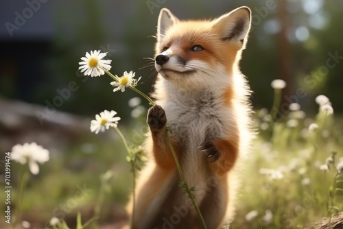  a small fox standing on its hind legs in a field of daisies with its front paws in the air, with its front paws in the air, looking at the camera.