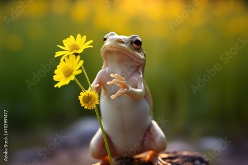  a frog sitting on top of a tree stump with a flower in it's mouth in front of a blurry background of dandelions of grass and yellow flowers. © Shanti