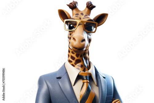  a giraffe wearing a suit and tie with glasses on it's head and wearing a suit and tie with glasses on it's head, standing in front of a white background.
