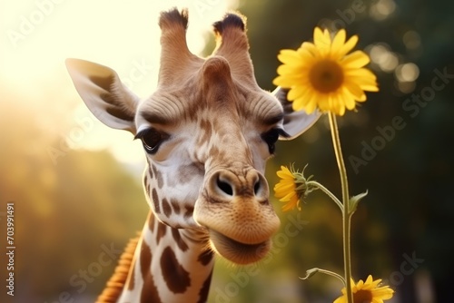  a close up of a giraffe with a bunch of sunflowers in the foreground and a blurry background of the giraffe s head.