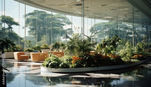 Modern indoor garden with large glass windows
