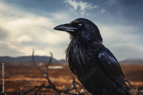 A raven in a desert landscape close-up