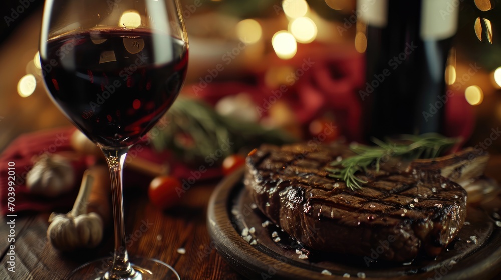  a steak and a glass of red wine on a wooden table with christmas lights in the background and a bottle of wine in the foreground and a glass of red wine in the foreground.