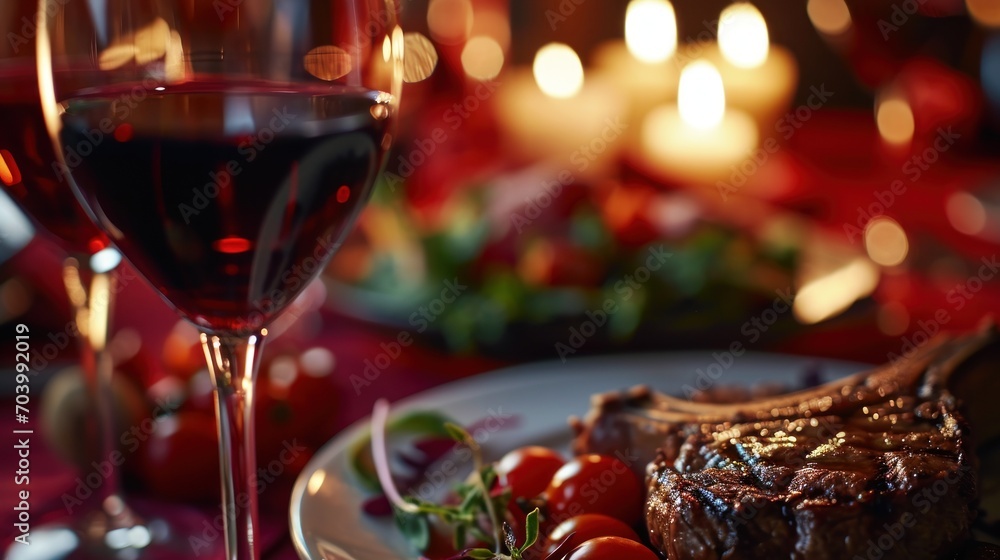  a close up of a plate of food with a glass of wine and a plate of food with a piece of steak on it with tomatoes and a candle in the background.