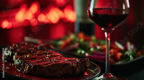  a steak on a plate next to a glass of wine and a plate of strawberries and strawberries on a plate with a glass of red wine in the background. photo