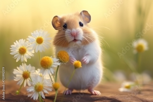  a hamster standing on its hind legs next to a bunch of daisies and daisies in front of a blurry background of yellow and white daisies.
