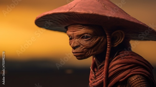 Close-up portrait of the wrinkled face of a humanoid in a cone hat at sunset. A fairy tale character. Illustration for cover, card, postcard, interior design, banner, poster, brochure or presentation.