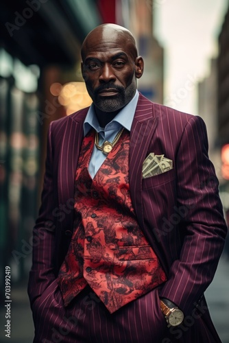 A close-up portrait of an African man in an expensive suit standing on the street. Businessman photo