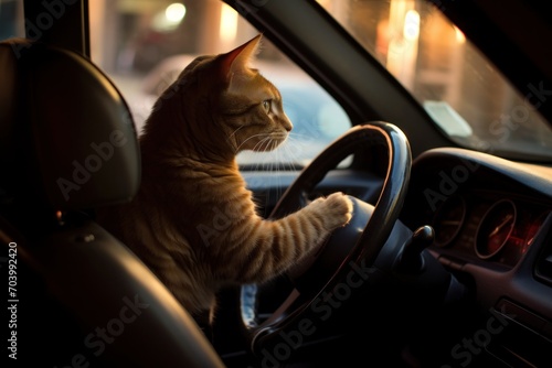Red cat driving a car, traveling with cat concept © Mariia