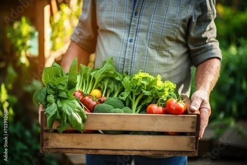  a man holding a wooden crate filled with lots of green and red tomatoes and lettuce on top of a wooden pallet in a garden area with lots of greenery.