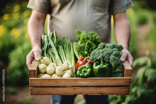  a man holding a wooden crate filled with lots of different types of veggies in front of a field of green onions, broccoli, onions, cauliflower, and peppers. © Shanti